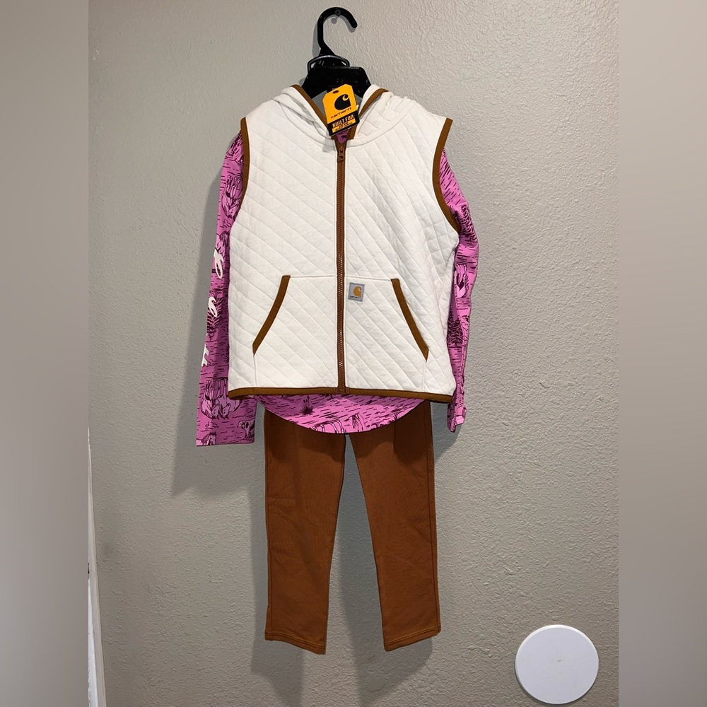 NWT Carhartt Kids 3-Piece Set Quilted Vest, Pink Horse Print Tee & Leggings 4T